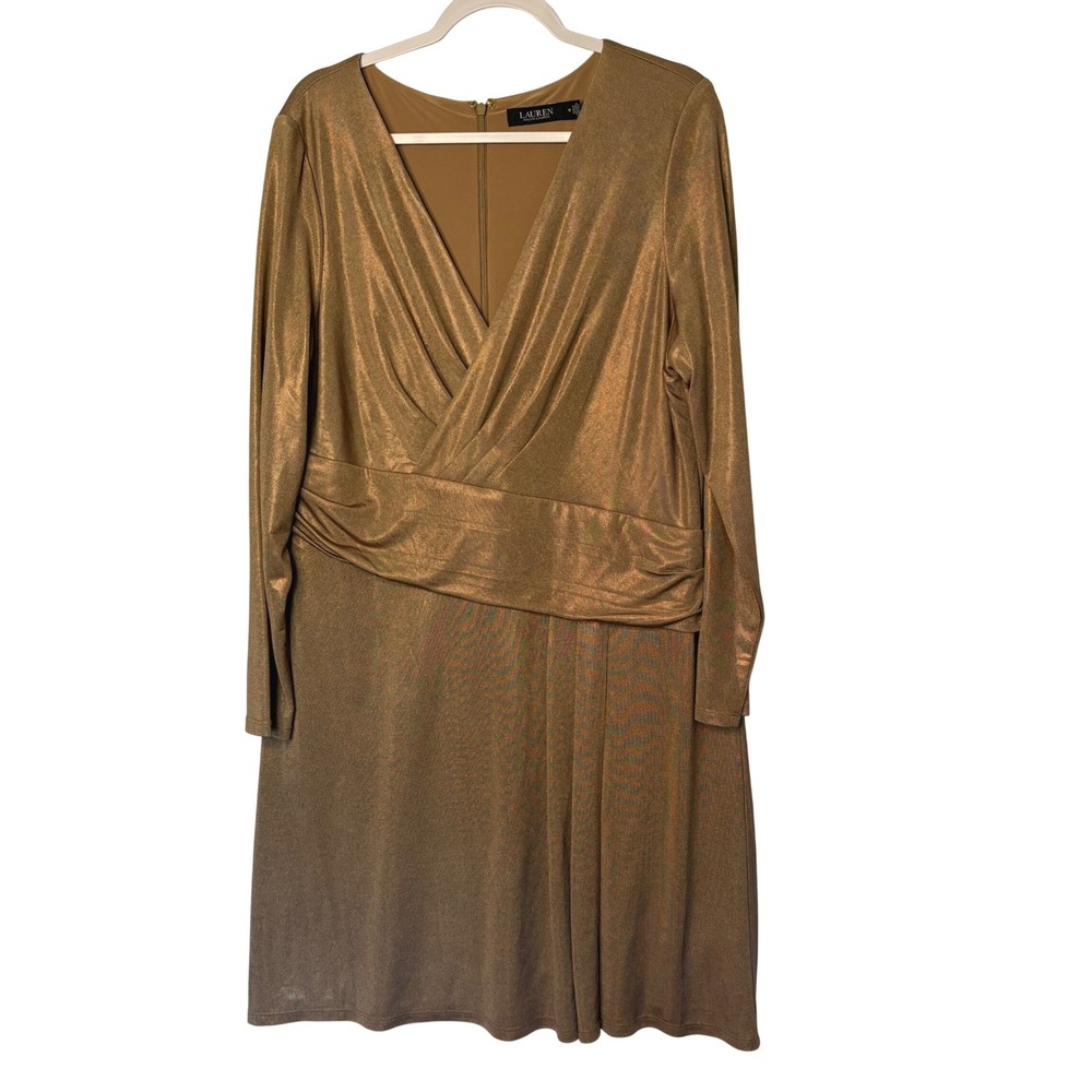 Lauren Ralph Lauren Gold Foil Jersey Dress Metallic Liquid Luxe Elegant Goth 18